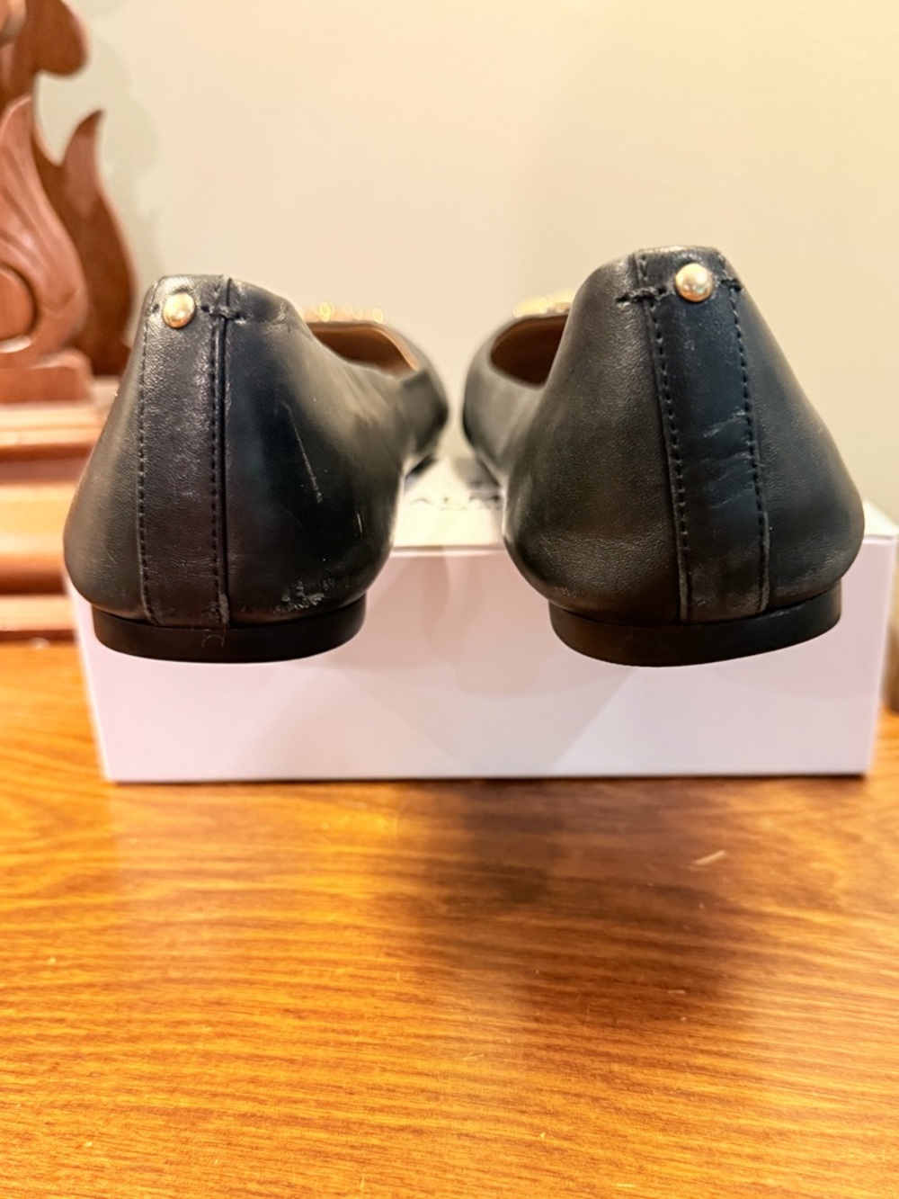 Tory Burch Everly Black Gold Leather Logo Cap-Toe Ballet Flats Size 10 - Picture 7 of 10
